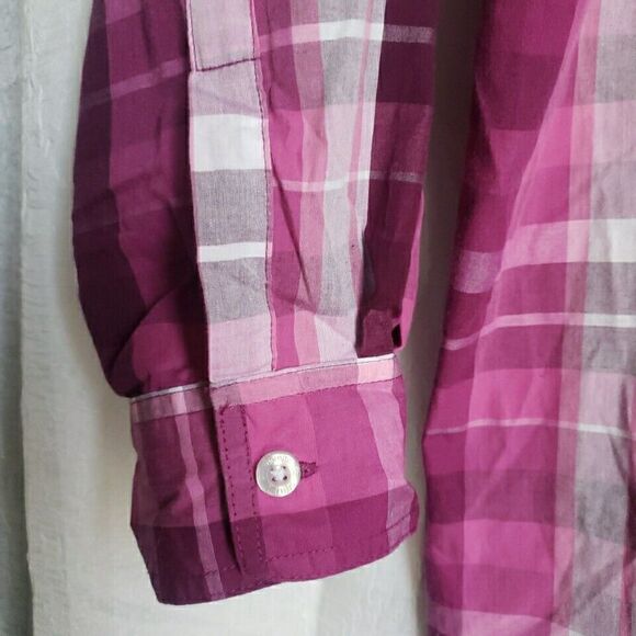 Woman Within Button Up Shirt 1X Plaid Classic Collar Hemline Styling Purple Pink - Picture 7 of 11